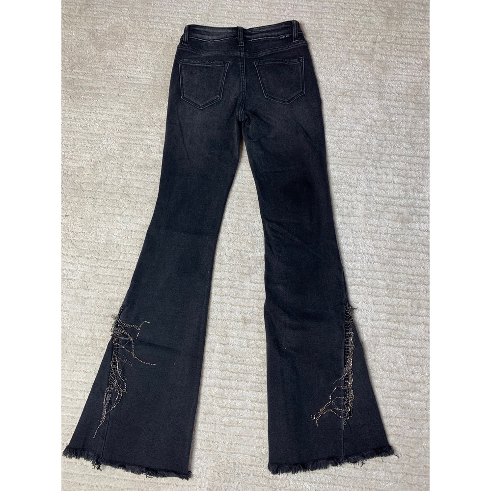Risen Jeans Black Distressed Flare Rhinestone Chain Fringe Jeans Size 0/24 - Picture 13 of 16